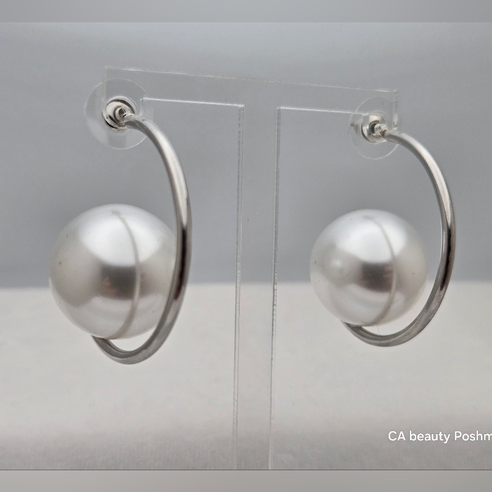 Modern Sterling Silver Hoop Earrings w/Faux Pearl Minimalist Celestial